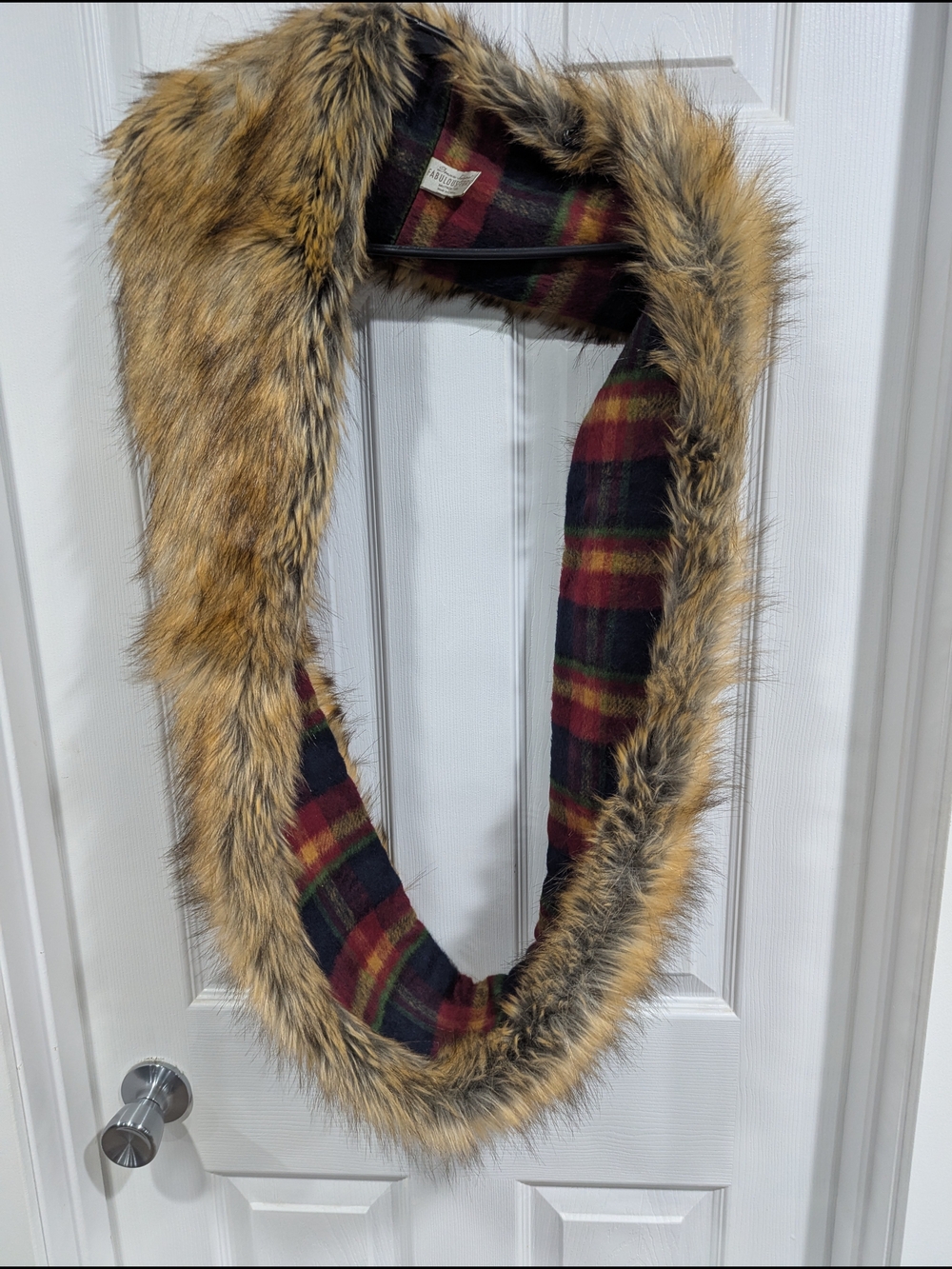 Fabulous Furs Faux Fur Trim Plaid Infinity Scarf - Tan/Black
